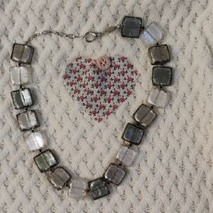 Perini Italian Heavy Glass Cube Necklace Silver Clear Foil Statement Signed